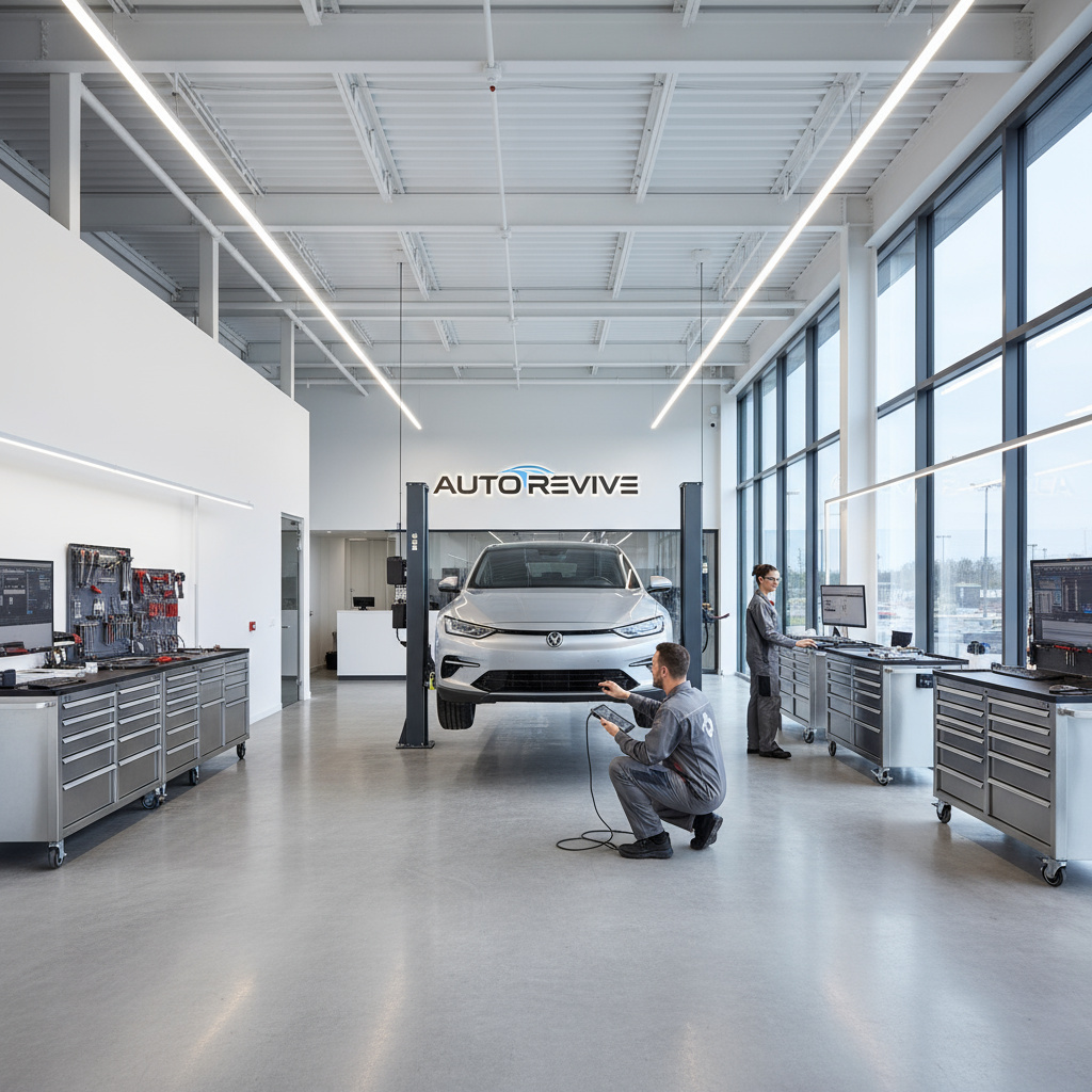 Auto repair shop with technician and car on lift
